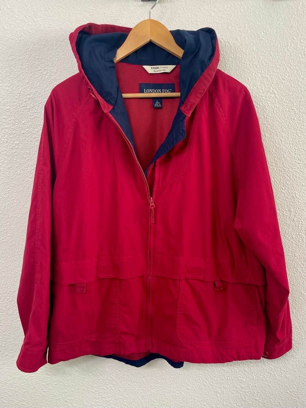 London Fog Women's Bright Red Jacket with Navy Hood Lining